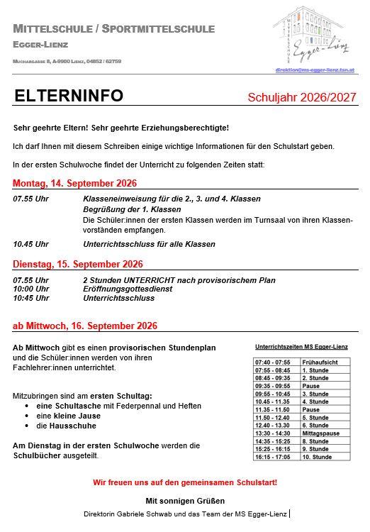 Elterninfo- Schulstart 2026-27